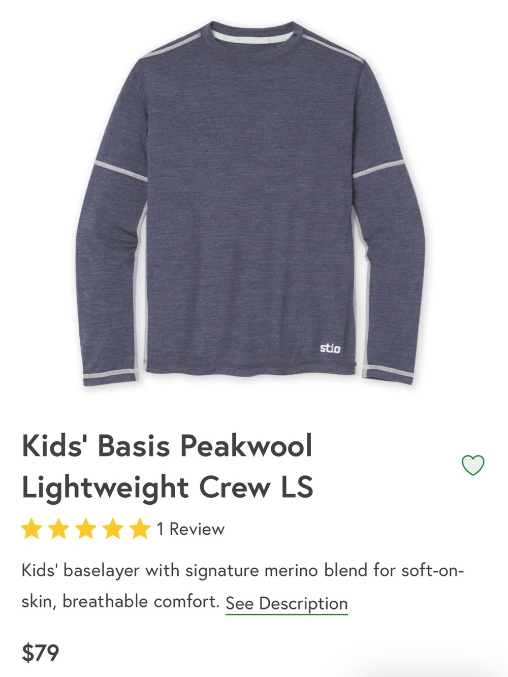 Stio Kids Basis Peakwool Top 12 Large NWOT